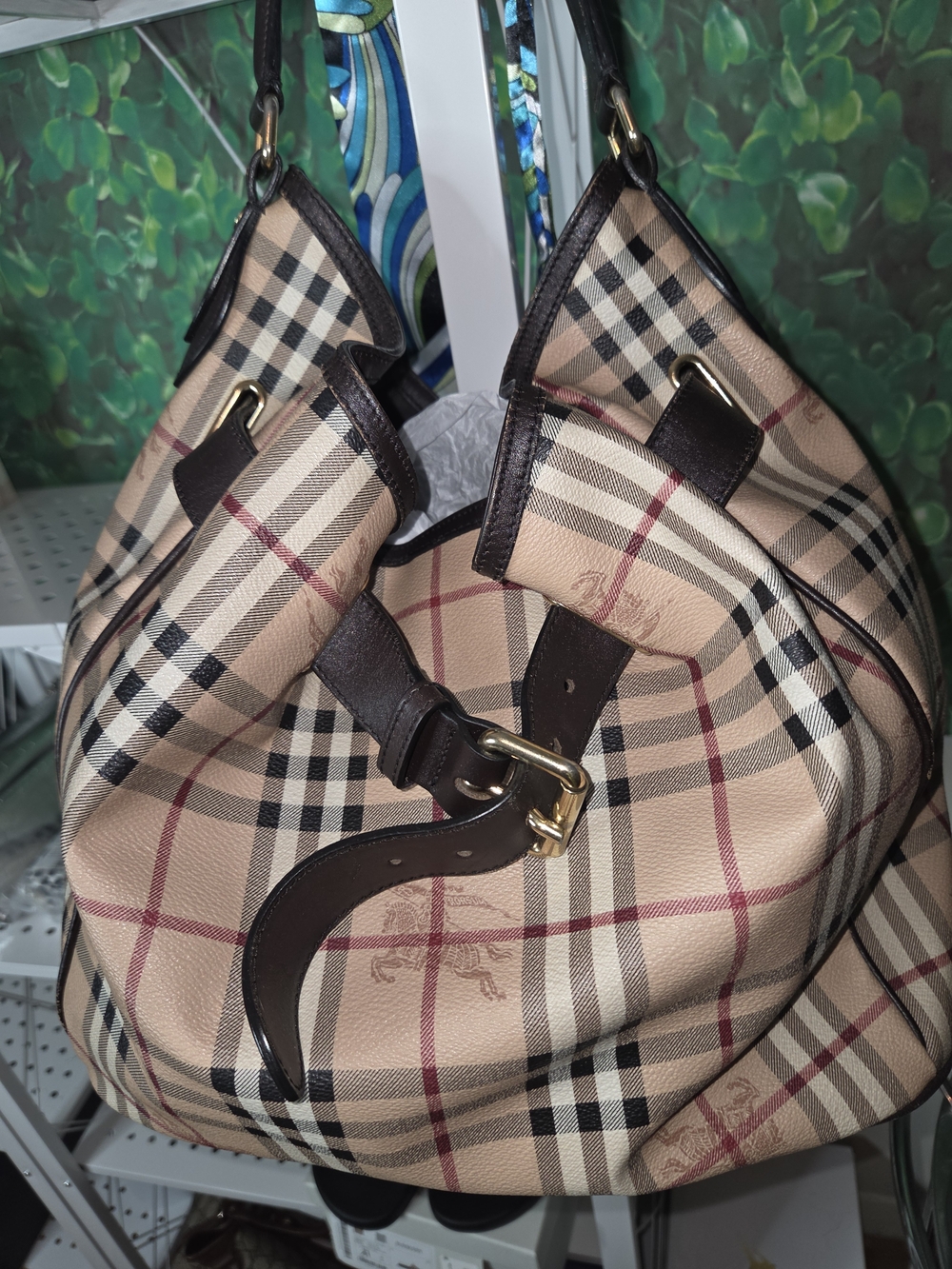 Burberry  Beige Plaid Shoulder Bag with Dark Brown Trim